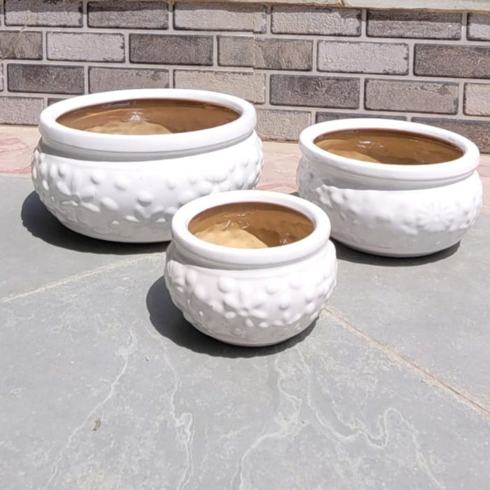 Wonderland Set of 3 white embossed Imported ceramic pots for exterior/ Outdoor
