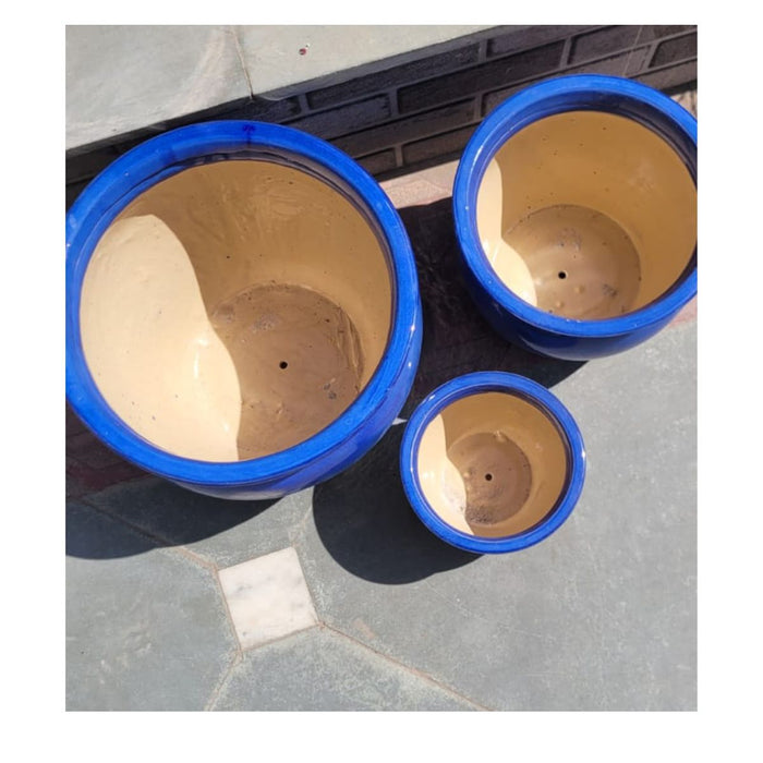 Wonderland Set of 3 blue imported ceramic pots for exterior/ Outdoor