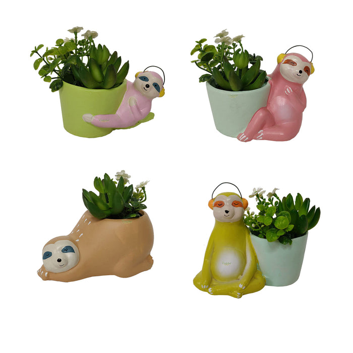 (Set of 4) Sloth Bear Ceramic planters, Flower pots for Artificial Plants