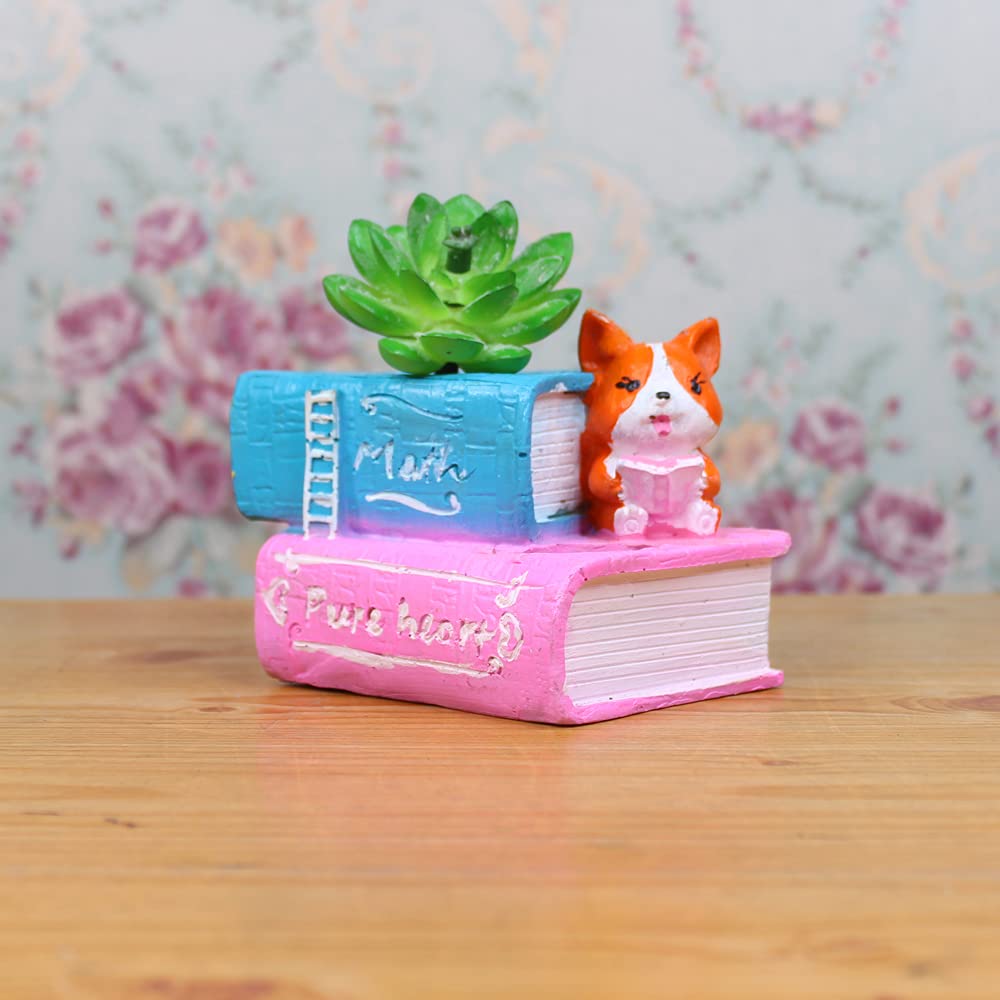 Cute Corgi Reading Book Succulent Pot for Small Plants (Light Pink)