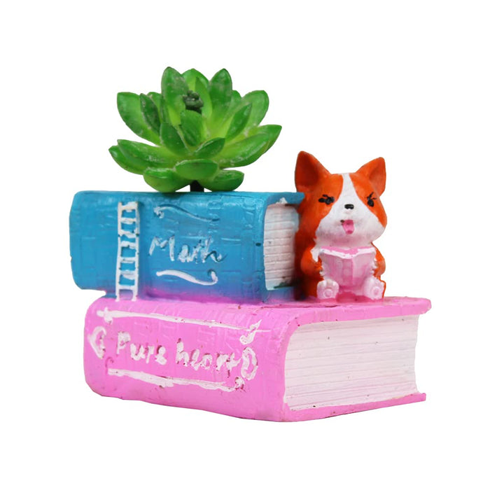 Cute Corgi Reading Book Succulent Pot for Small Plants (Light Pink)