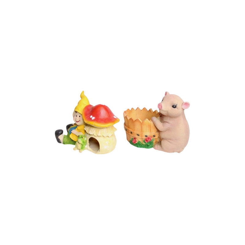Wonderland SET of 2 (Combo) Boy with Mushroom House & Pig Planter, resin planters, pot, gifting