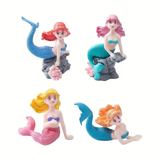 Four colorful miniature mermaid resin figurines in various poses with pink, red, blonde, and orange hair, and blue or pink scaly tails, suitable for fairy gardens and cake toppers.