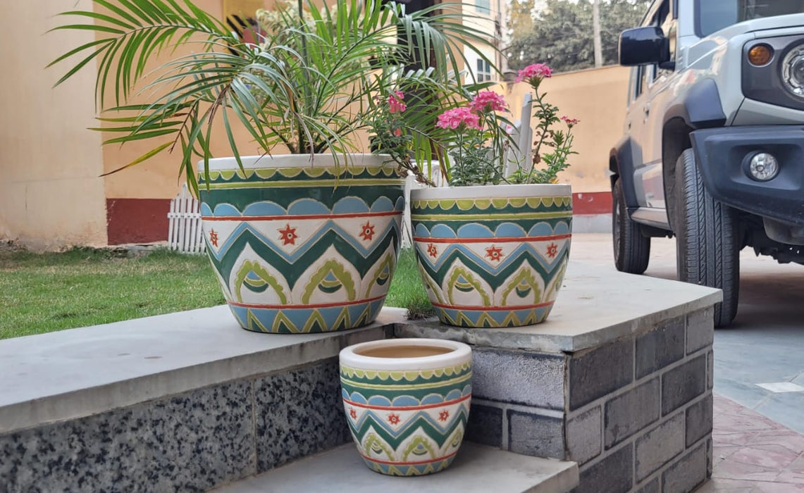 Wonderland Set of 3 Turkish design Imported ceramic pots for exterior/ Outdoor