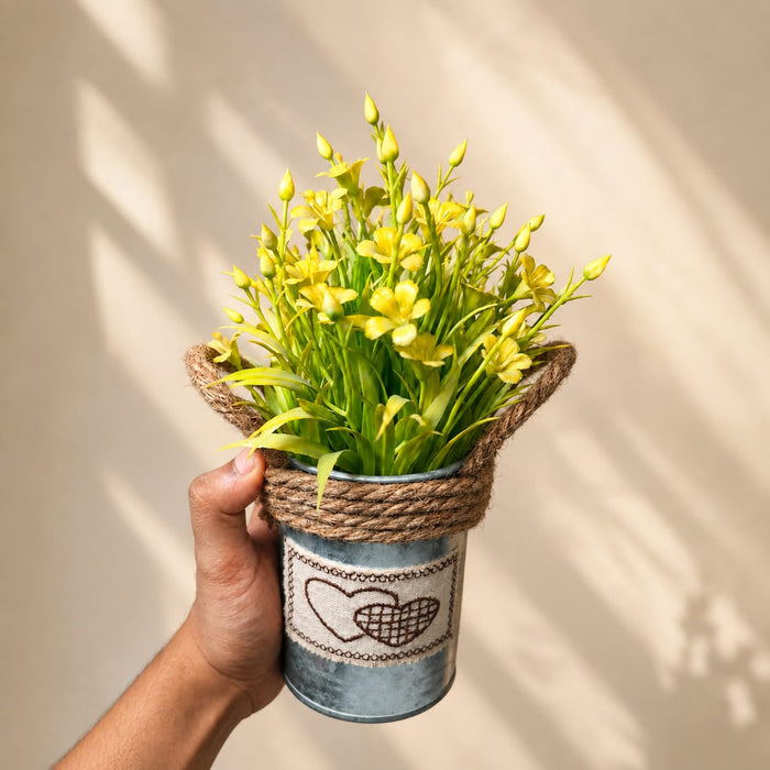 Metal Pot-Yellow-with Artificial Plant Attached for Home Decor