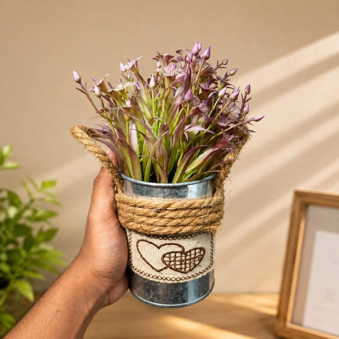 Metal Pot-Light Purple- with Artificial Plant Attached for Home Decor