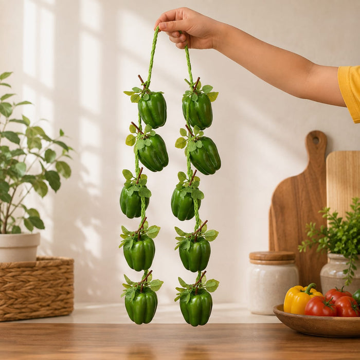Pack of 2 Artificial Green Bell Pepper/ Capsicum  Hanging Strings – Realistic Faux Vegetable Garlands for Kitchen, Farmhouse Decor, and Photography Props
