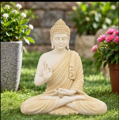 14 inches Ashirvad Avastha Buddha Resin Statue, (Beige) showpiece, Gift