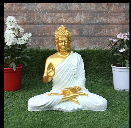14 inches Ashirvad Avastha Buddha Resin Statue, (Beige) showpiece, Gift