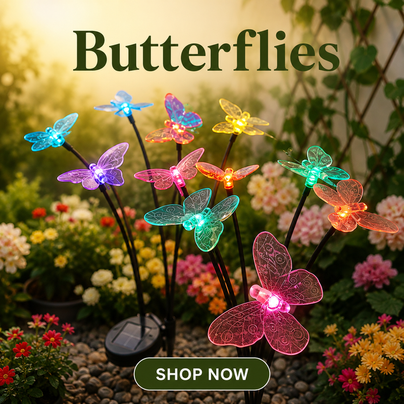 A set of butterfly-shaped solar garden lights in multiple glowing colors, displayed in a garden setting with flowers and greenery. The image includes the text 'Butterflies' at the top and a 'SHOP NOW' button at the bottom.