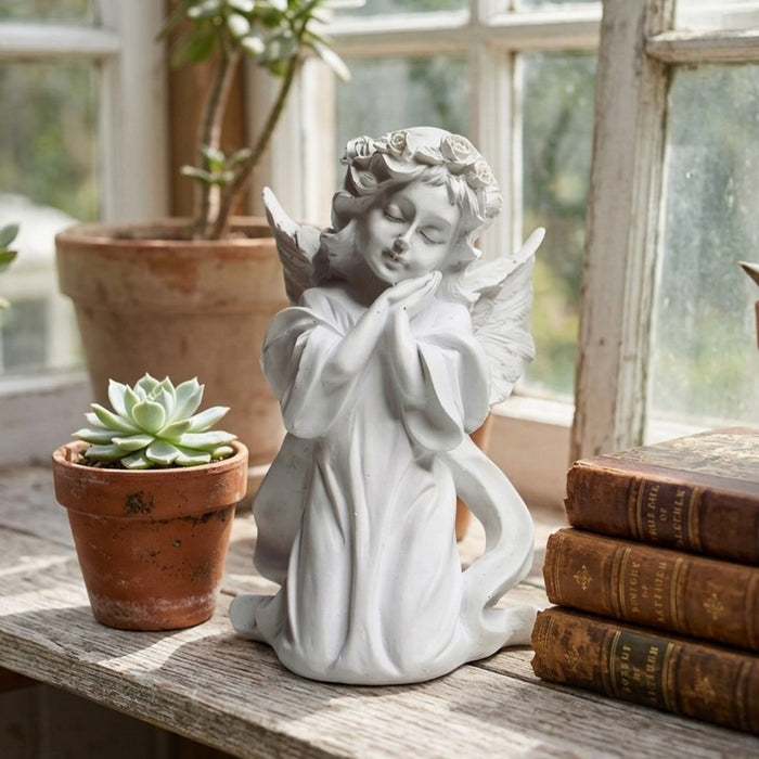 Wonderland Elegant Kneeling Angel Cherub Statue – White Resin Garden Figurine with Flower Crown and Praying Hands – Home Decor, and Patio Sculpture