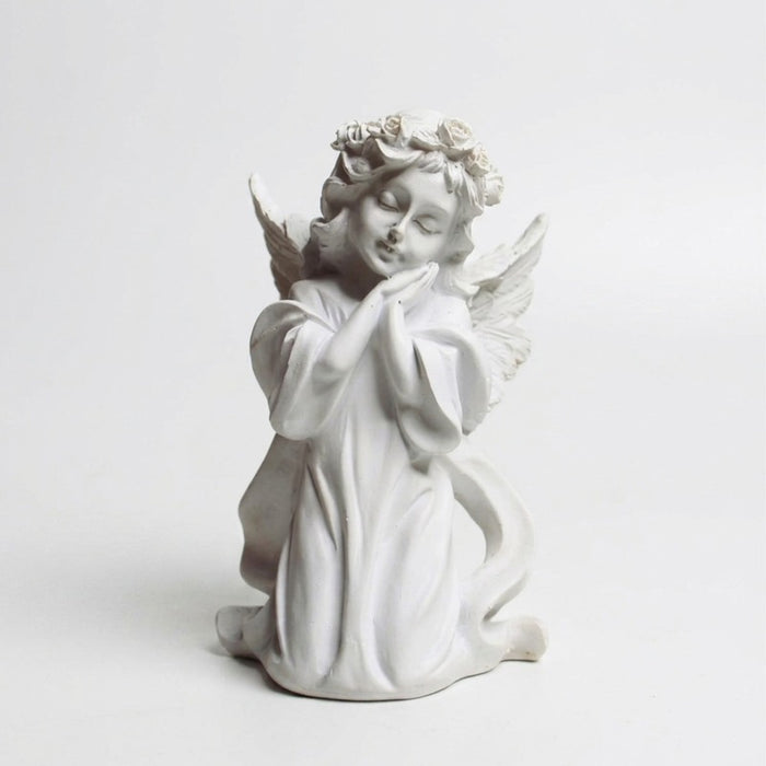 Wonderland Elegant Kneeling Angel Cherub Statue – White Resin Garden Figurine with Flower Crown and Praying Hands – Home Decor, and Patio Sculpture