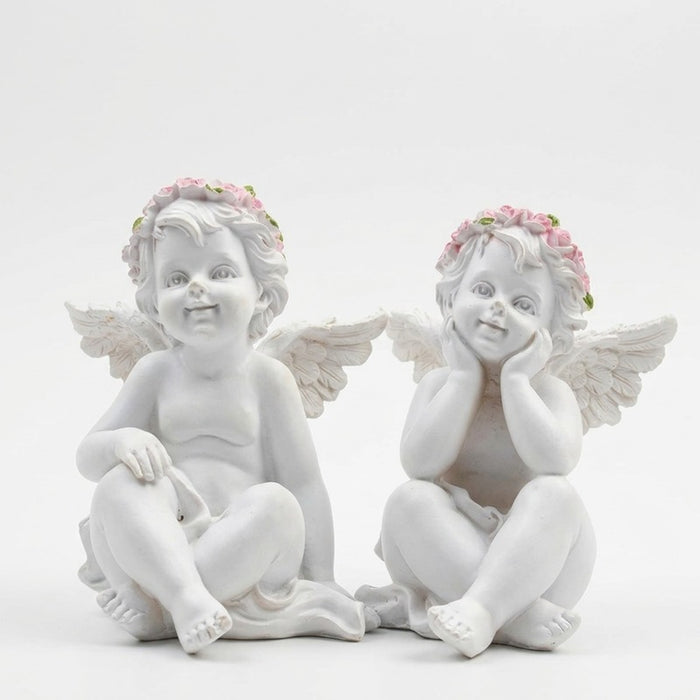 Wonderland White Cherub Angel Garden Statues with Pink Flower Crowns (Set of 2) – Charming Sitting Resin Angel Figurines for Patio, Yard, and Home Decor