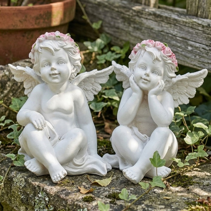Wonderland White Cherub Angel Garden Statues with Pink Flower Crowns (Set of 2) – Charming Sitting Resin Angel Figurines for Patio, Yard, and Home Decor