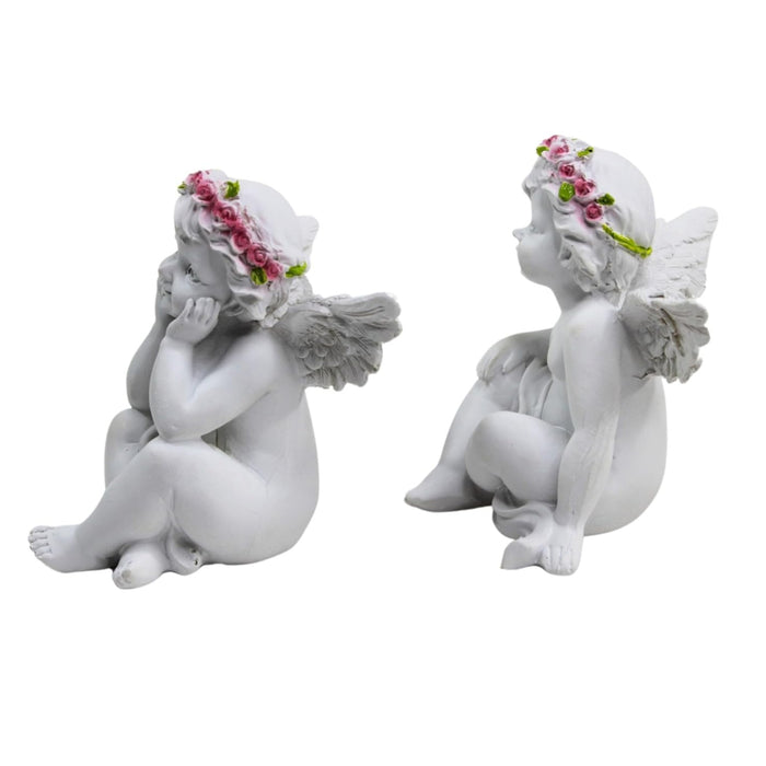 Wonderland White Cherub Angel Garden Statues with Pink Flower Crowns (Set of 2) – Charming Sitting Resin Angel Figurines for Patio, Yard, and Home Decor