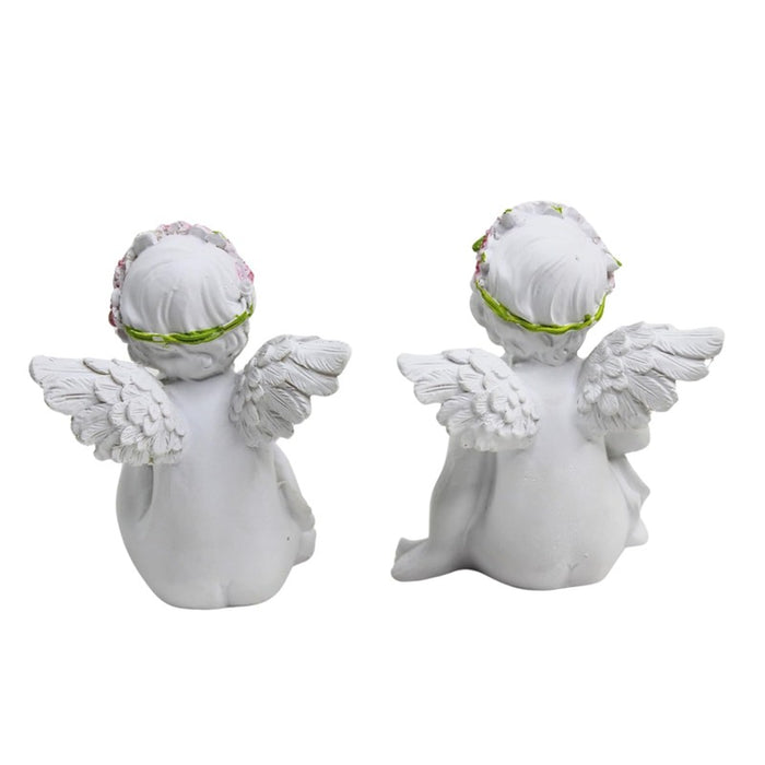 Wonderland White Cherub Angel Garden Statues with Pink Flower Crowns (Set of 2) – Charming Sitting Resin Angel Figurines for Patio, Yard, and Home Decor