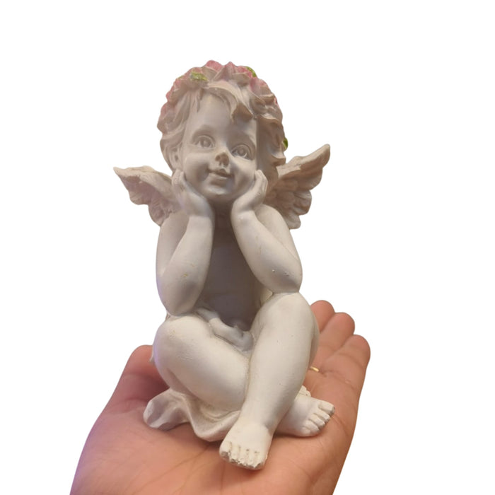 Wonderland White Cherub Angel Garden Statues with Pink Flower Crowns (Set of 2) – Charming Sitting Resin Angel Figurines for Patio, Yard, and Home Decor