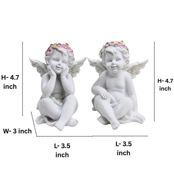 Wonderland White Cherub Angel Garden Statues with Pink Flower Crowns (Set of 2) – Charming Sitting Resin Angel Figurines for Patio, Yard, and Home Decor