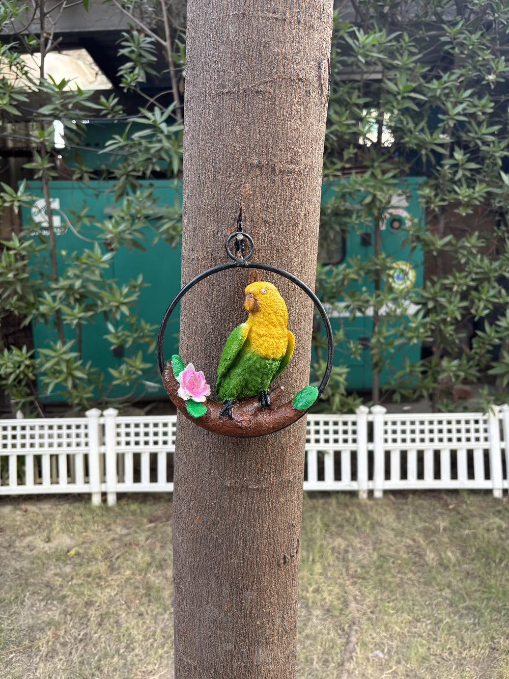 Hand-Painted  Parrot Bird Figurine on Branch with Flower