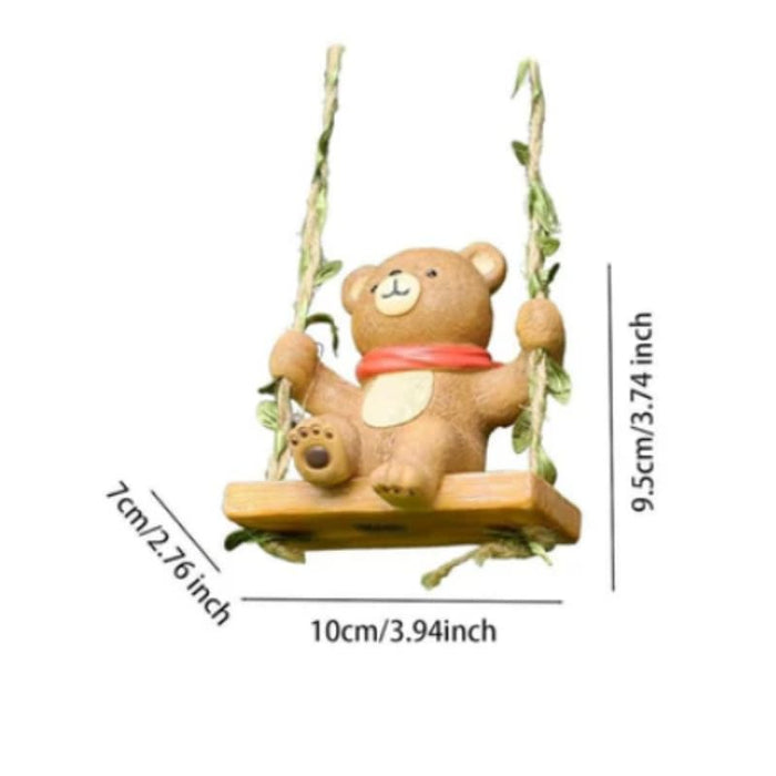 Adorable Hanging Garden Bear on Swing – Whimsical Resin  Tree Decor with Leafy Twine Straps- 3.5x2.8x4 inch