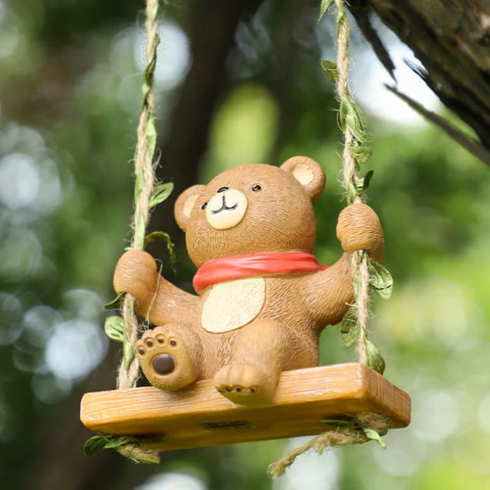 Adorable Hanging Garden Bear on Swing – Whimsical Resin  Tree Decor with Leafy Twine Straps- 3.5x2.8x4 inch