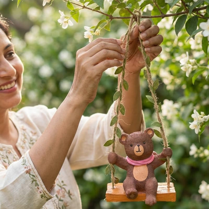 Adorable Hanging Garden Bear on Swing – Whimsical Resin  Tree Decor with Leafy Twine Straps- 3.5x2.8x4 inch