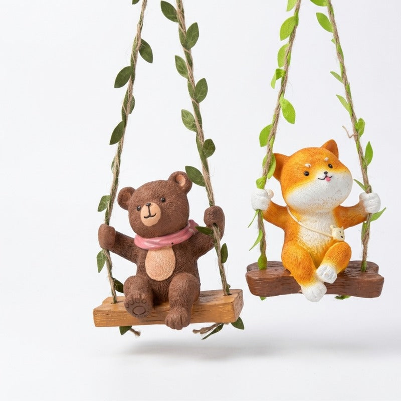 Whimsical Forest Swing Duo Bear & Fox  Mini Hanging Figurines