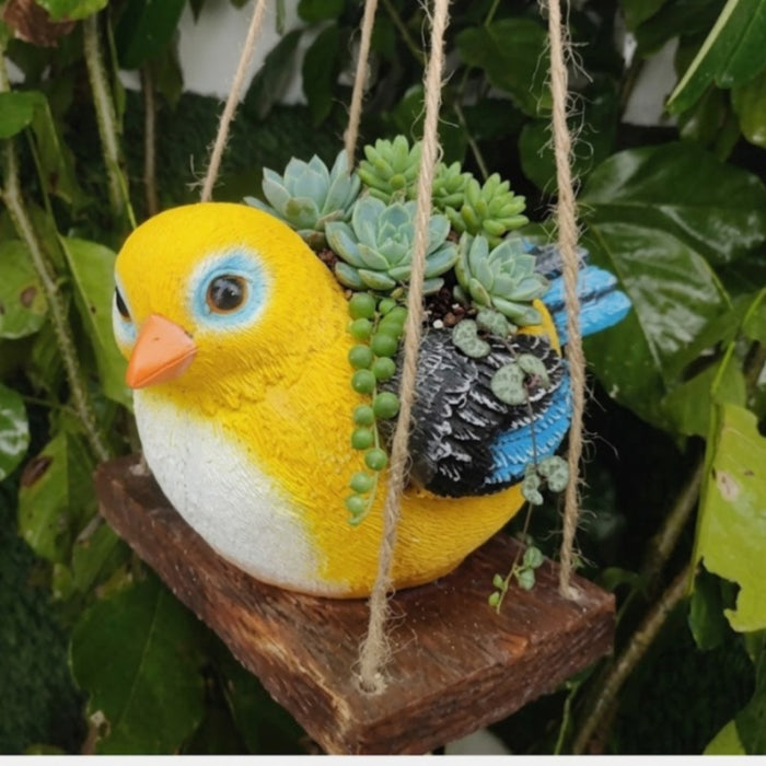 Wonderland Whimsical Hand-Painted Bird Hanging Planter – Decorative Resin Succulent Pot on Rustic Wooden Swing-Plant Not Included