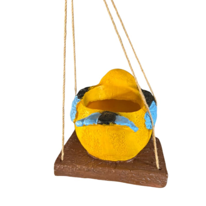 Wonderland Whimsical Hand-Painted Bird Hanging Planter – Decorative Resin Succulent Pot on Rustic Wooden Swing-Plant Not Included