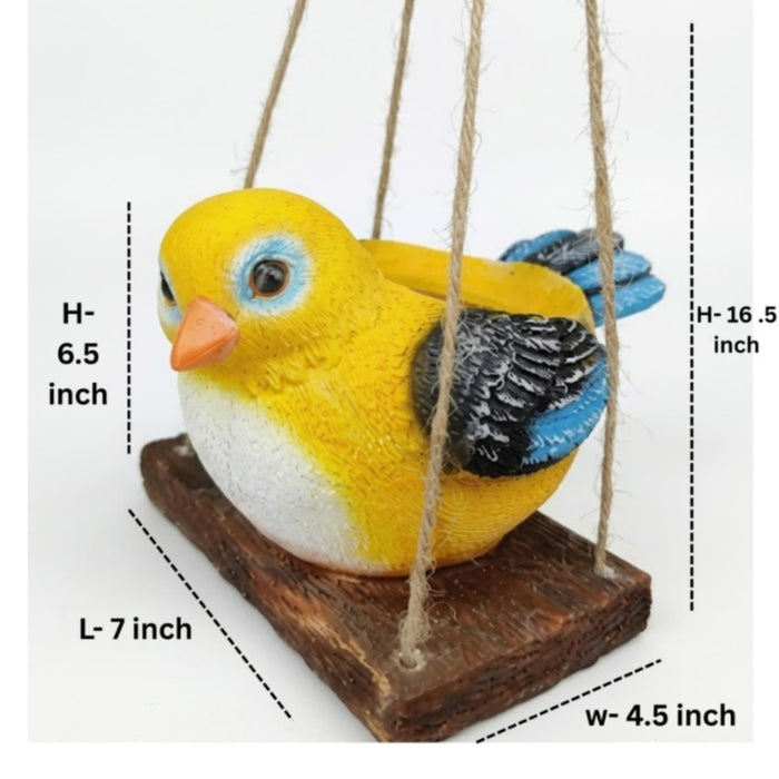 Wonderland Whimsical Hand-Painted Bird Hanging Planter – Decorative Resin Succulent Pot on Rustic Wooden Swing-Plant Not Included