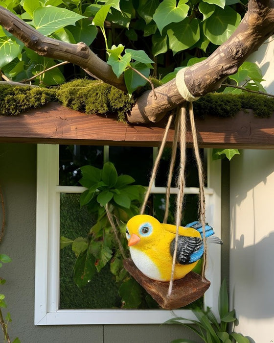 Wonderland Whimsical Hand-Painted Bird Hanging Planter – Decorative Resin Succulent Pot on Rustic Wooden Swing-Plant Not Included