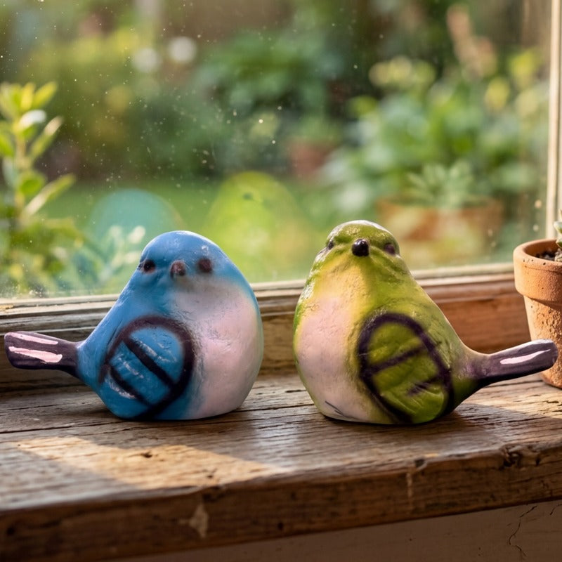 Set of 2 Decorative Hand-Painted Bird Figurines –Blue and Green