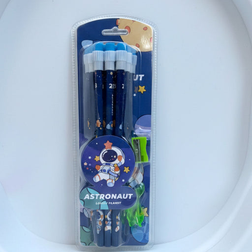 Pack of 12 blue astronaut-themed 2B pencils with matching erasers, sharpeners, and cute space illustrations in retail packaging.