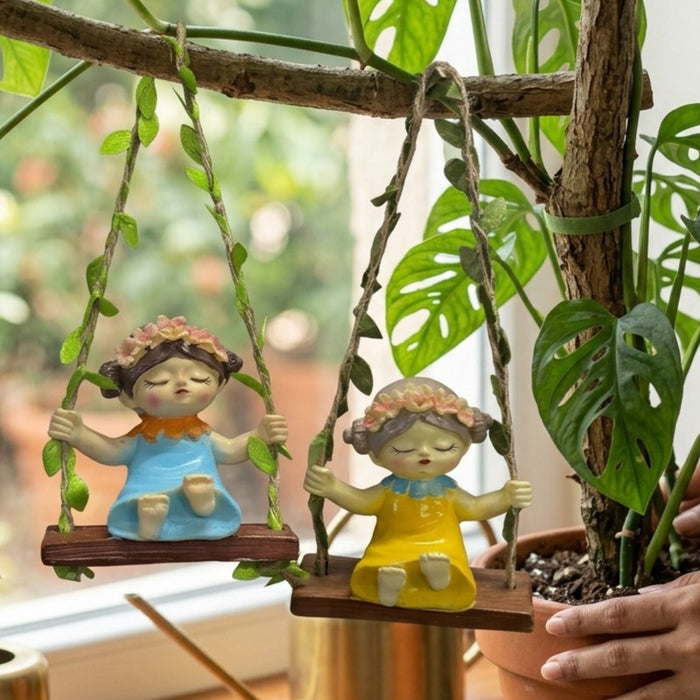 Wonderland Whimsical Garden Fairy Duo on Hanging Swings – Hand-Painted Resin Figurines in Sky Blue & Sunny Yellow with Leafy  Ropes-3.5x2.1x3.6inch