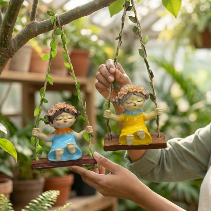 Wonderland Whimsical Garden Fairy Duo on Hanging Swings – Hand-Painted Resin Figurines in Sky Blue & Sunny Yellow with Leafy  Ropes-3.5x2.1x3.6inch