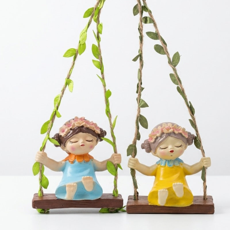 Garden Fairy Duo on Mini  Hanging Swings – Resin Figurine Blue & Yellow