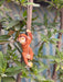 A small, reddish-brown monkey figurine hanging from a thin rope tied to a tree branch, surrounded by lush green leaves.