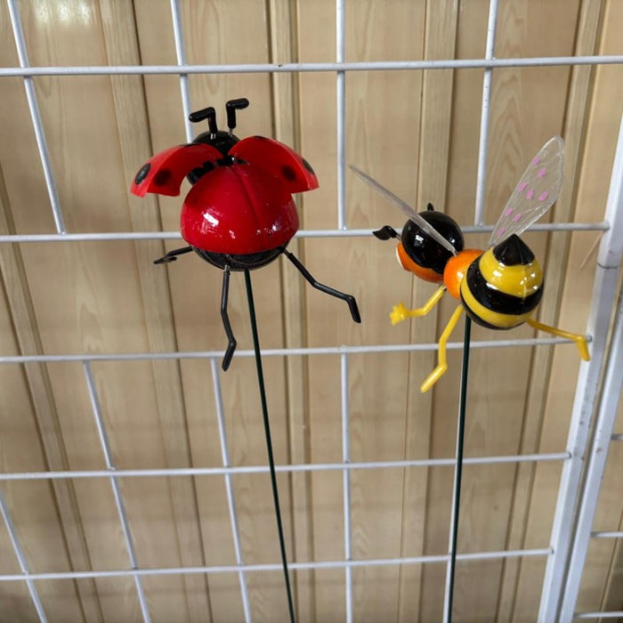 Whimsical Hand-Painted Metal Garden Stakes – Animated Ladybug and Bumblebee Outdoor Decor Set
