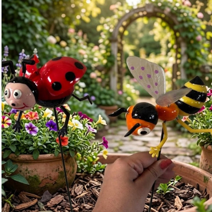Whimsical Hand-Painted Metal Garden Stakes – Animated Ladybug and Bumblebee Outdoor Decor Set