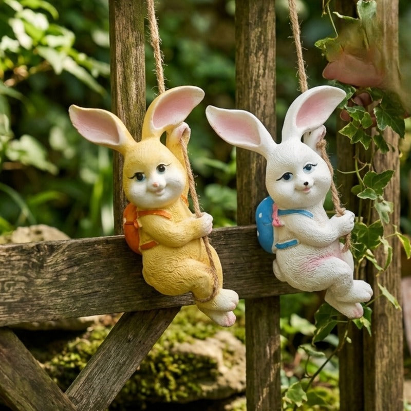 Whimsical Hanging Garden Bunny Duo – Set of 2 Resin Rabbit Figurines-5x4x7 inch