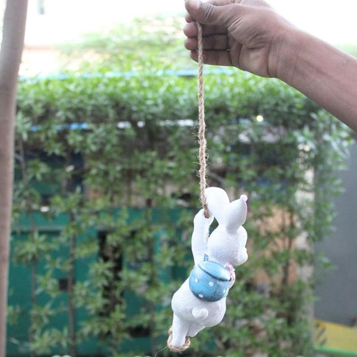Wonderland Whimsical Hanging Garden Bunny Duo – Set of 2 Resin Rabbit Figurines with Backpacks & Jute Rope for Indoor/Outdoor Décor-5x4x7 inch