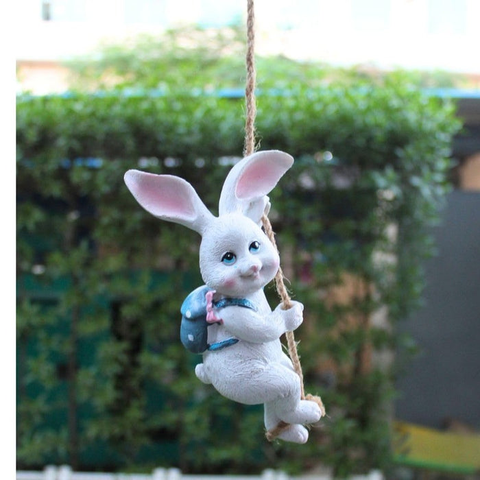 Wonderland Whimsical Hanging Garden Bunny Duo – Set of 2 Resin Rabbit Figurines with Backpacks & Jute Rope for Indoor/Outdoor Décor-5x4x7 inch