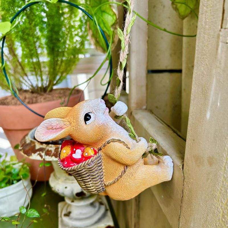 Swinging Bunny Rabbit Hanging Garden Ornament with Basket of Fruit/Mushrooms