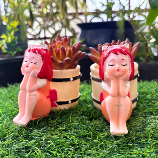 Whimsical  Girl" Succulent Planters – Set of 2 Hand-Painted Resin Face Pots with Flower Crowns for Indoor Home & Office 