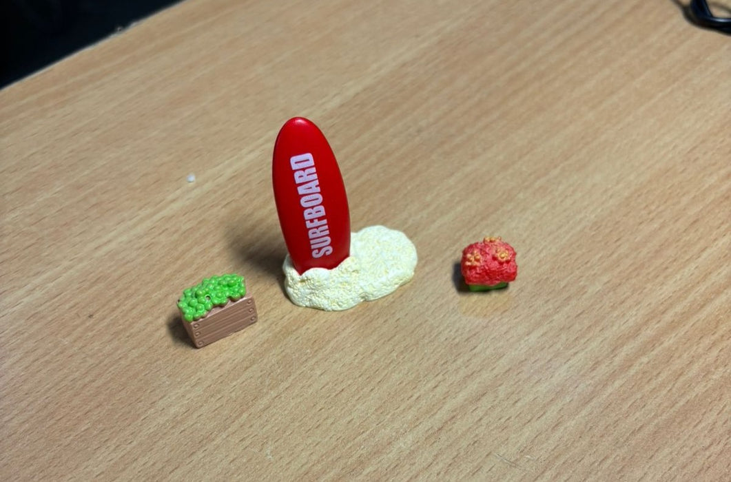 Wonderland set of 3- Miniature Beach Vacation Set - Surfboard, Planter Box, and Coral/Plant Accessory for Dollhouse, Terrarium, or Crafting