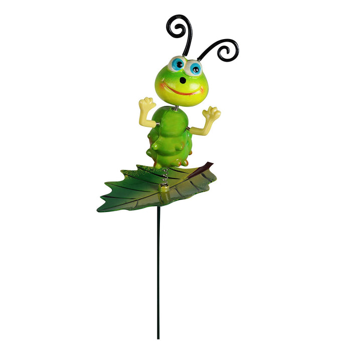 (Set of 2) Green Caterpillar Garden Stake/Stick on Leaf for Home & Garden Decor Decoration 