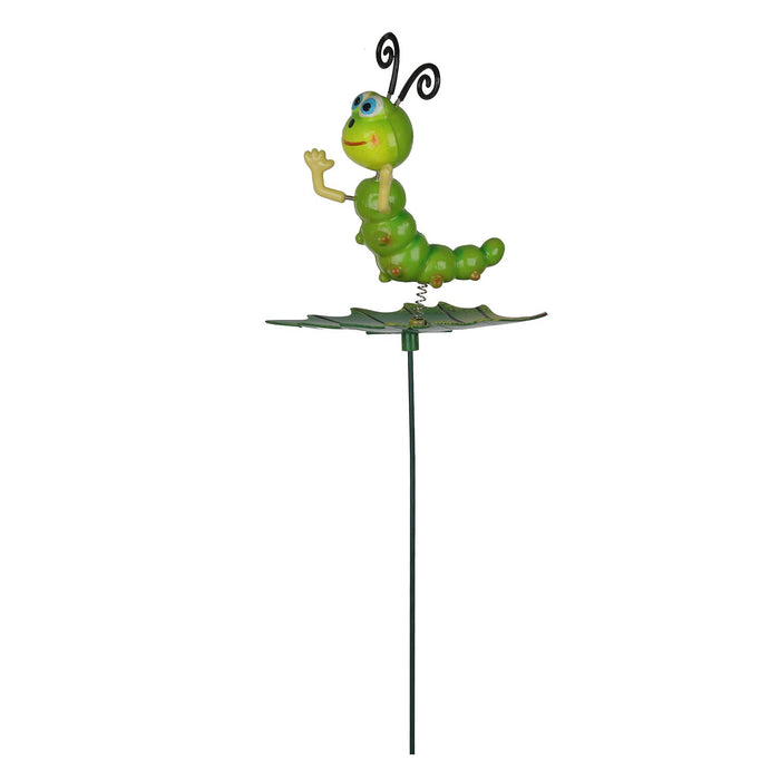 (Set of 2) Green Caterpillar Garden Stake/Stick on Leaf for Home & Garden Decor Decoration 