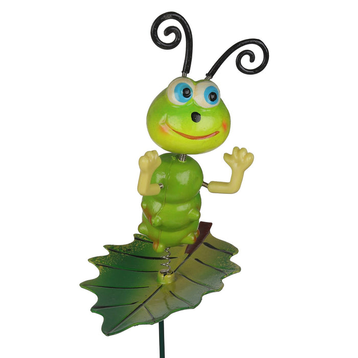 (Set of 2) Green Caterpillar Garden Stake/Stick on Leaf for Home & Garden Decor Decoration 