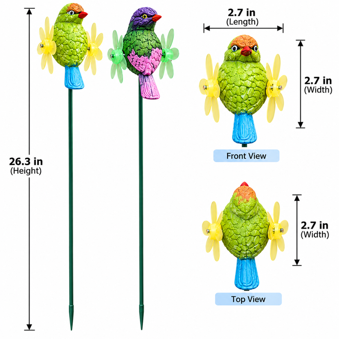 Whimsical Bird Garden Stakes with Kinetic Flower Pinwheels (Set of 2) – Purple & Yellow Songbird Stakes for Planters & Patio