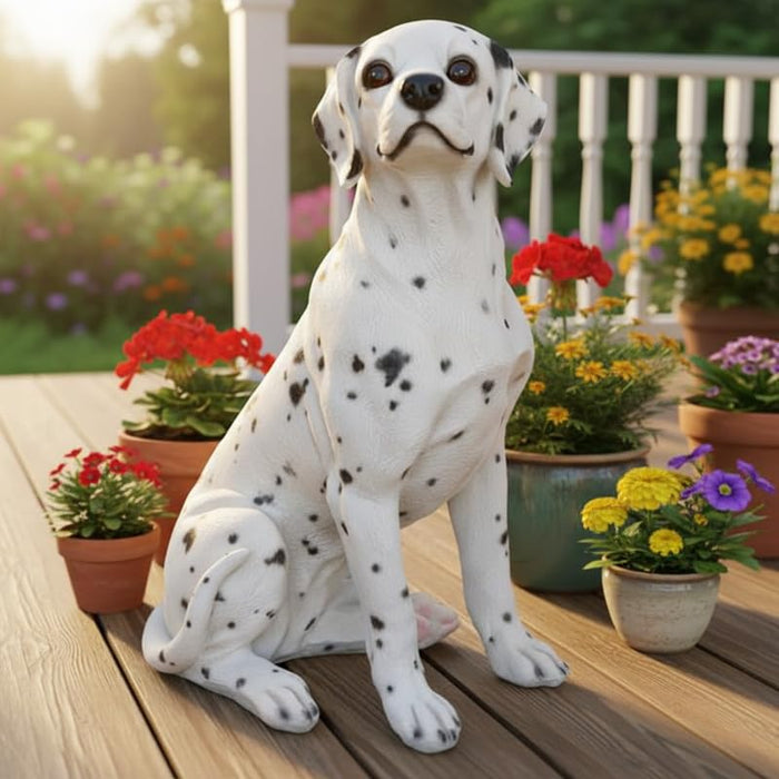 Wonderland Sitting White and Black Spotted Puppy Dog Statue – Realistic Decorative Toy for Home, Garden, Balcony, and Office Décor- 6x4x7.5 inch